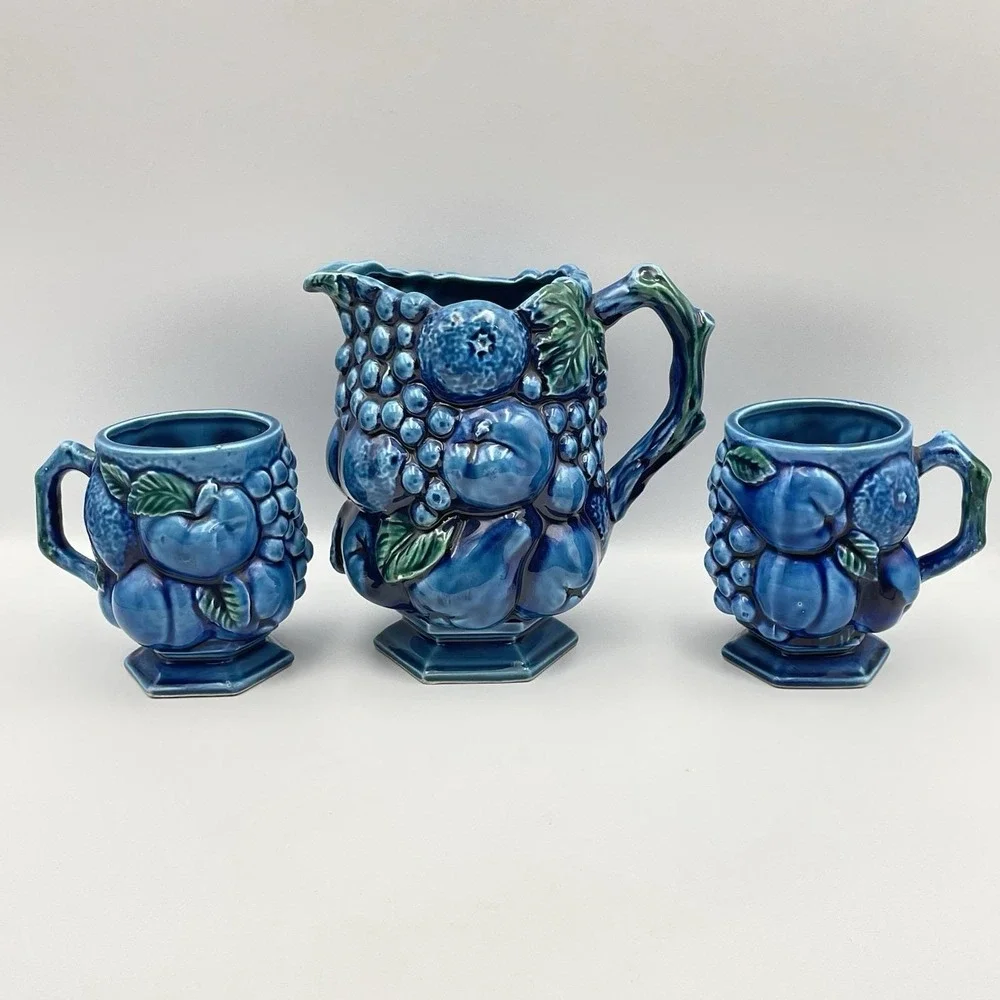Inarco Japan Blue Fruit Pitcher & 2 Mugs Set E2431 / E2429 Vintage Ceramic 1960s